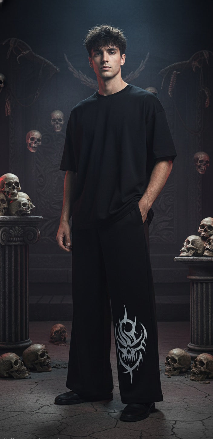 Unisex Gothic Style Wide Leg Jogger, Black Cotton Blend with Tribal Skull Design Print, Casual Streetwear