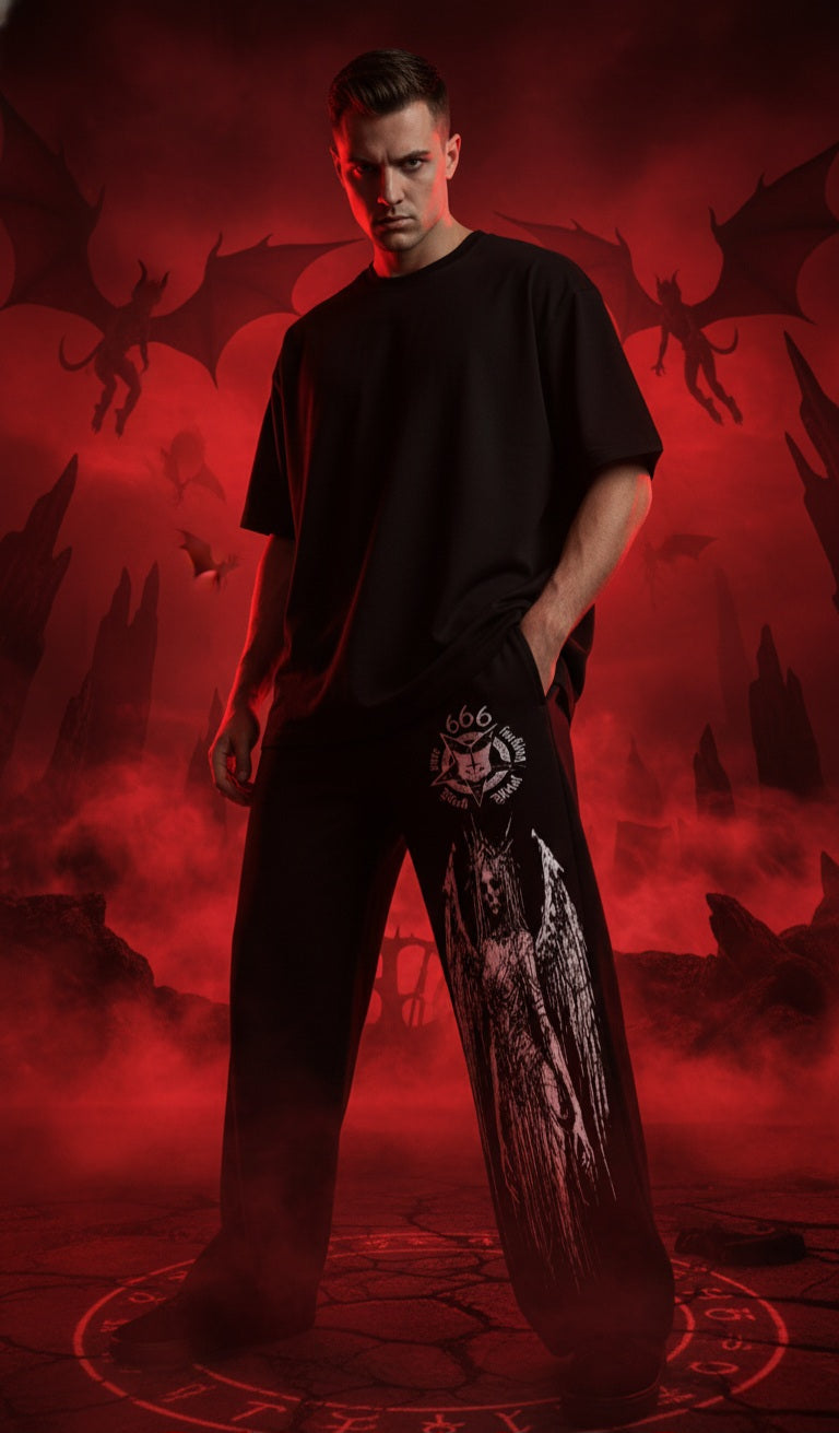 666 Gothic Black Streetwear Jogger Pants, Dark Aesthetic Design, Demon Wing Pattern, Alternative Fashion