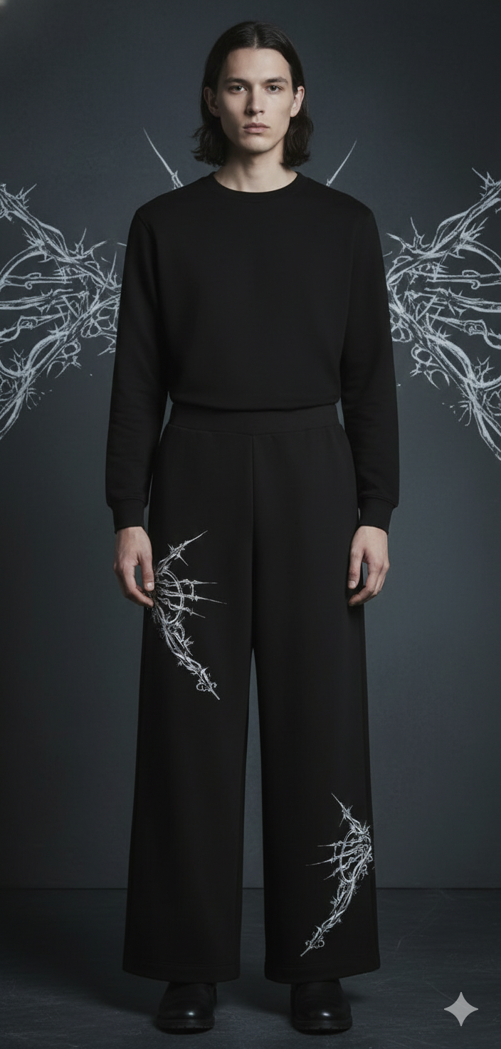 Unisex Designer Black Wide-Leg Jogger with Abstract White Pattern Detail, Elegant Flowy Silhouette, Contemporary Art-Inspired Design