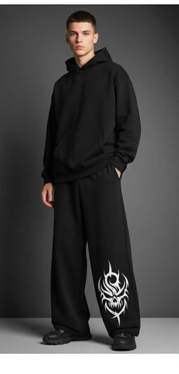 Unisex Gothic Style Wide Leg Jogger, Black Cotton Blend with Tribal Skull Design Print, Casual Streetwear