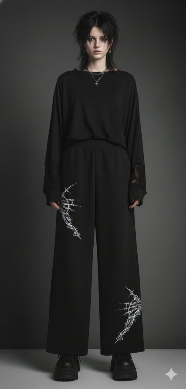 Unisex Designer Black Wide-Leg Jogger with Abstract White Pattern Detail, Elegant Flowy Silhouette, Contemporary Art-Inspired Design