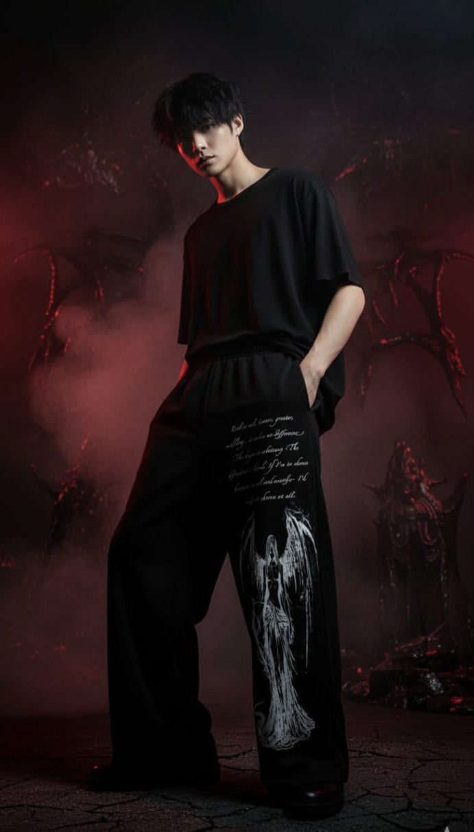 Gothic Style Unisex Black Outfit Artistic Print Pants, Oversized Lower, Dark Aesthetic Streetwear Collection
