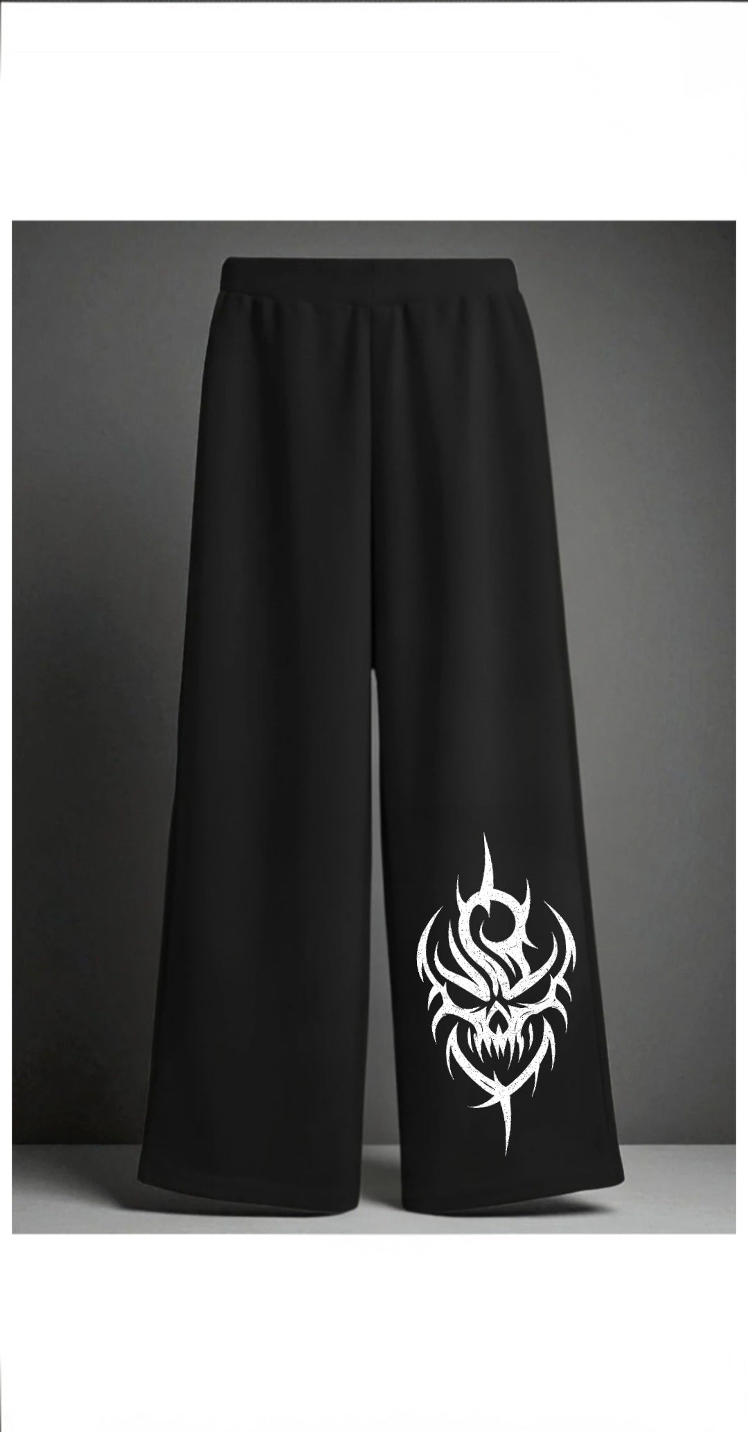 Unisex Gothic Style Wide Leg Jogger, Black Cotton Blend with Tribal Skull Design Print, Casual Streetwear