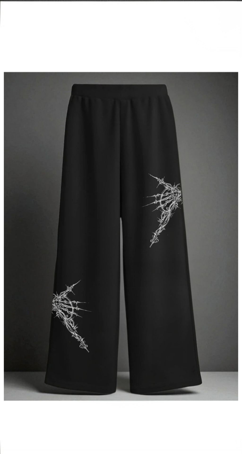 Unisex Designer Black Wide-Leg Jogger with Abstract White Pattern Detail, Elegant Flowy Silhouette, Contemporary Art-Inspired Design