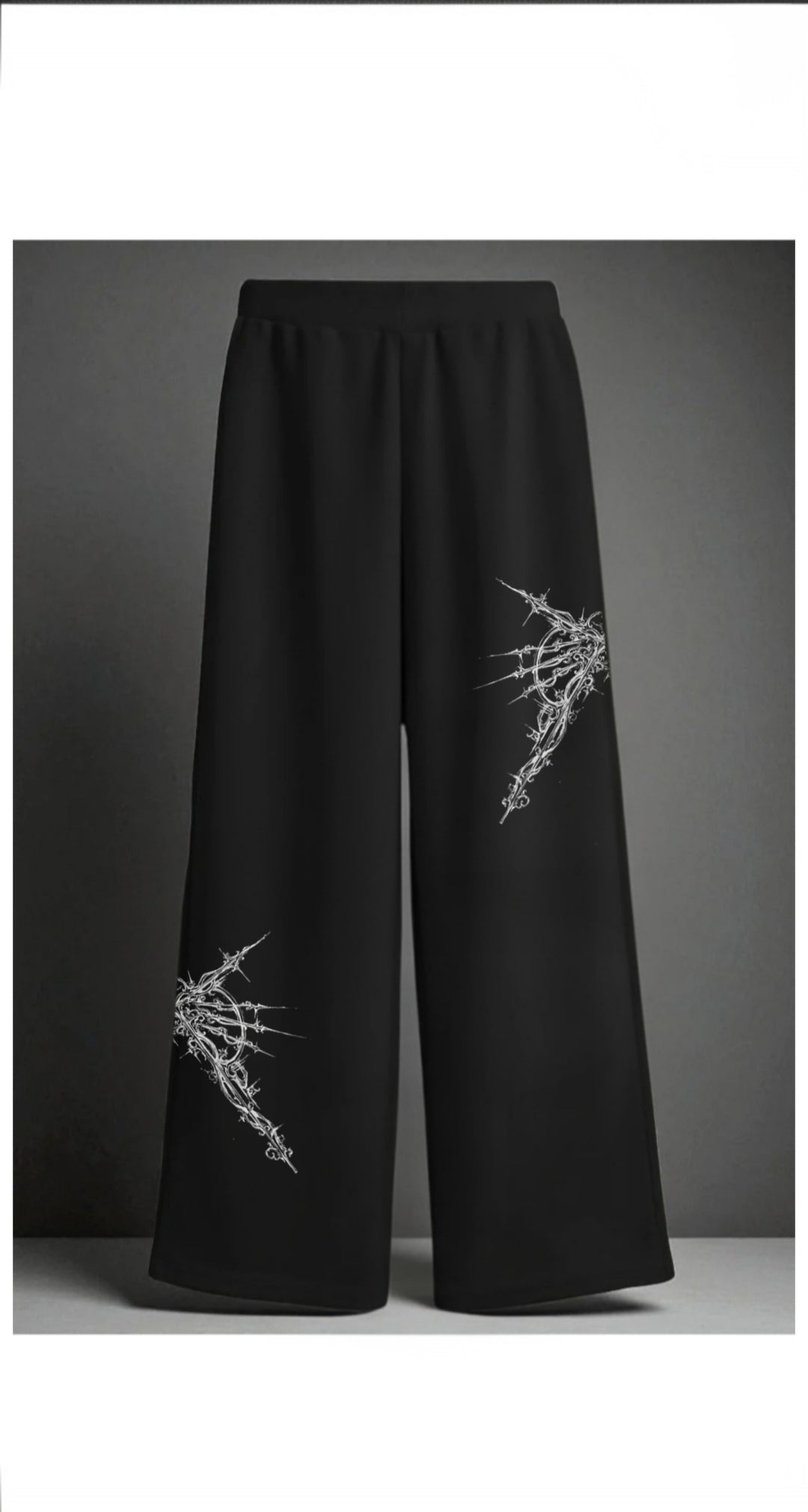 Unisex Designer Black Wide-Leg Jogger with Abstract White Pattern Detail, Elegant Flowy Silhouette, Contemporary Art-Inspired Design