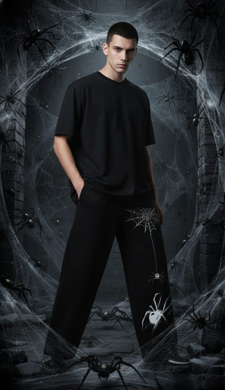 Unisex Gothic Spider Web Print Lounge Jogger, Black Cotton with White Spider Design, Elastic Waist