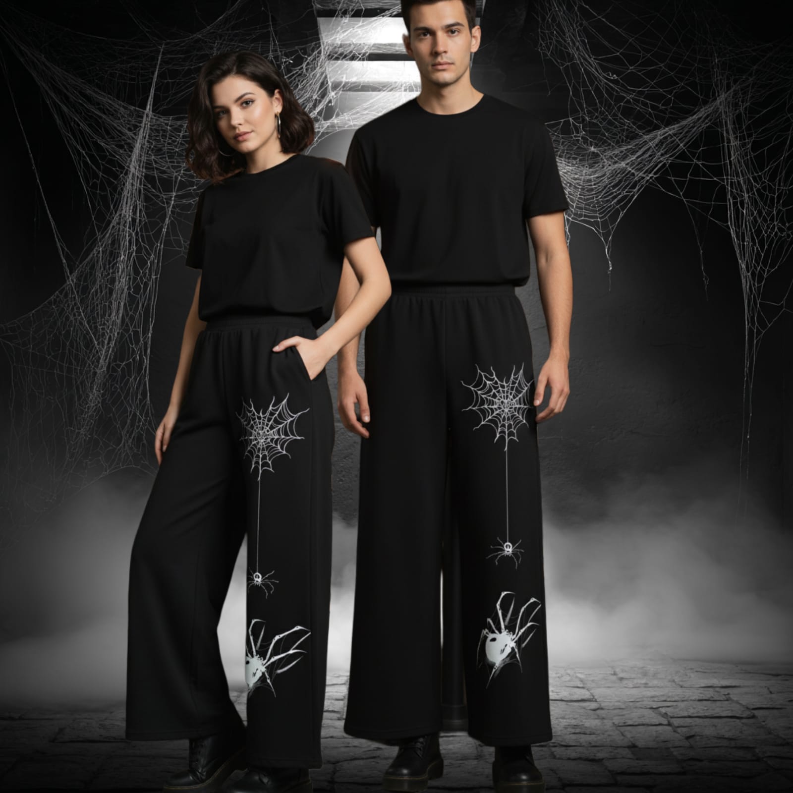 Unisex Gothic Spider Web Print Lounge Jogger, Black Cotton with White Spider Design, Elastic Waist