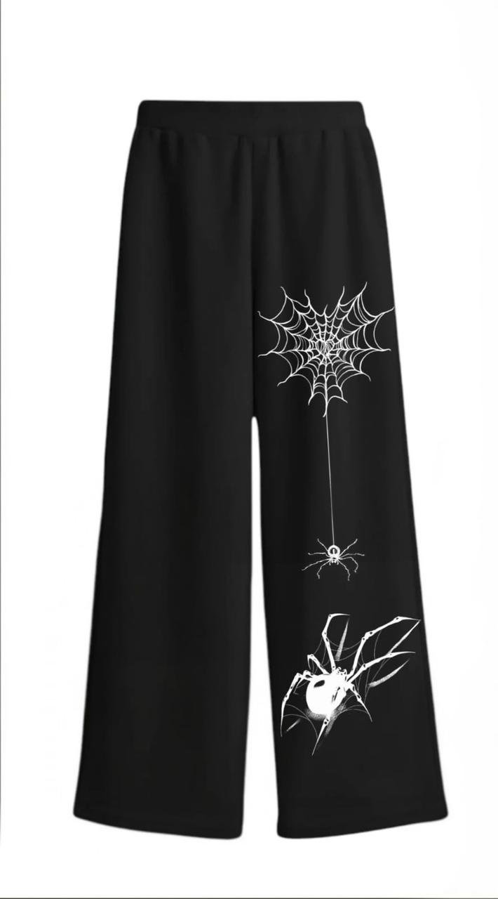 Unisex Gothic Spider Web Print Lounge Jogger, Black Cotton with White Spider Design, Elastic Waist
