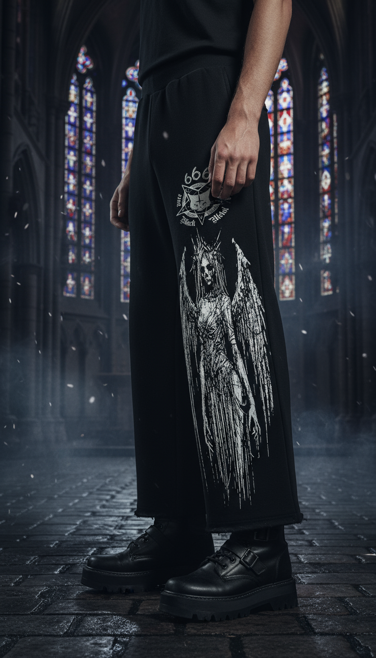 666 Gothic Black Streetwear Jogger Pants, Dark Aesthetic Design, Demon Wing Pattern, Alternative Fashion