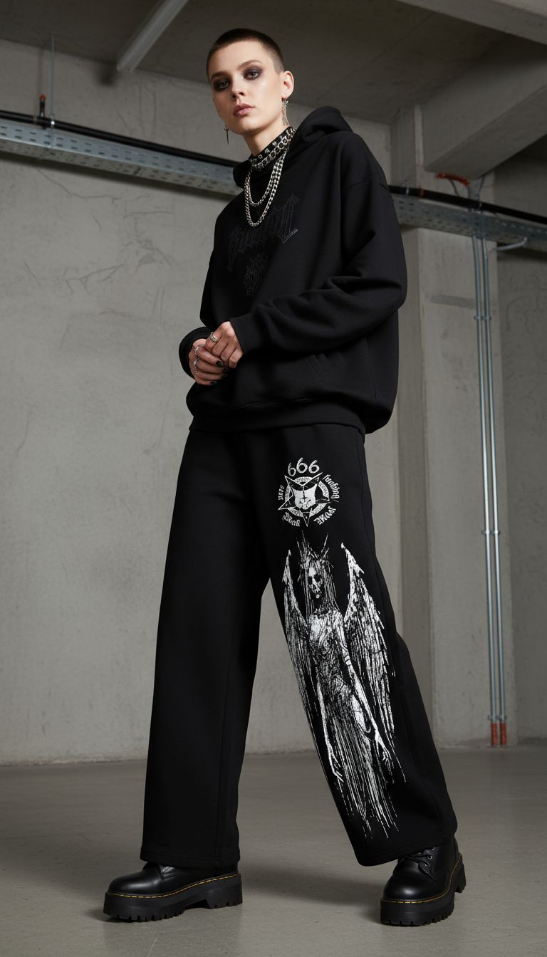 666 Gothic Black Streetwear Jogger Pants, Dark Aesthetic Design, Demon Wing Pattern, Alternative Fashion
