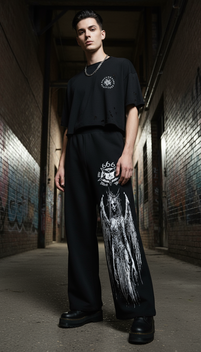 666 Gothic Black Streetwear Jogger Pants, Dark Aesthetic Design, Demon Wing Pattern, Alternative Fashion